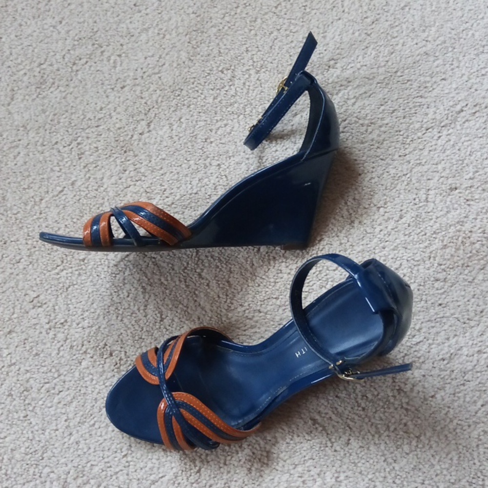 Charles & Keith Ankle Straps Navy and Tan Wedge Sandals
